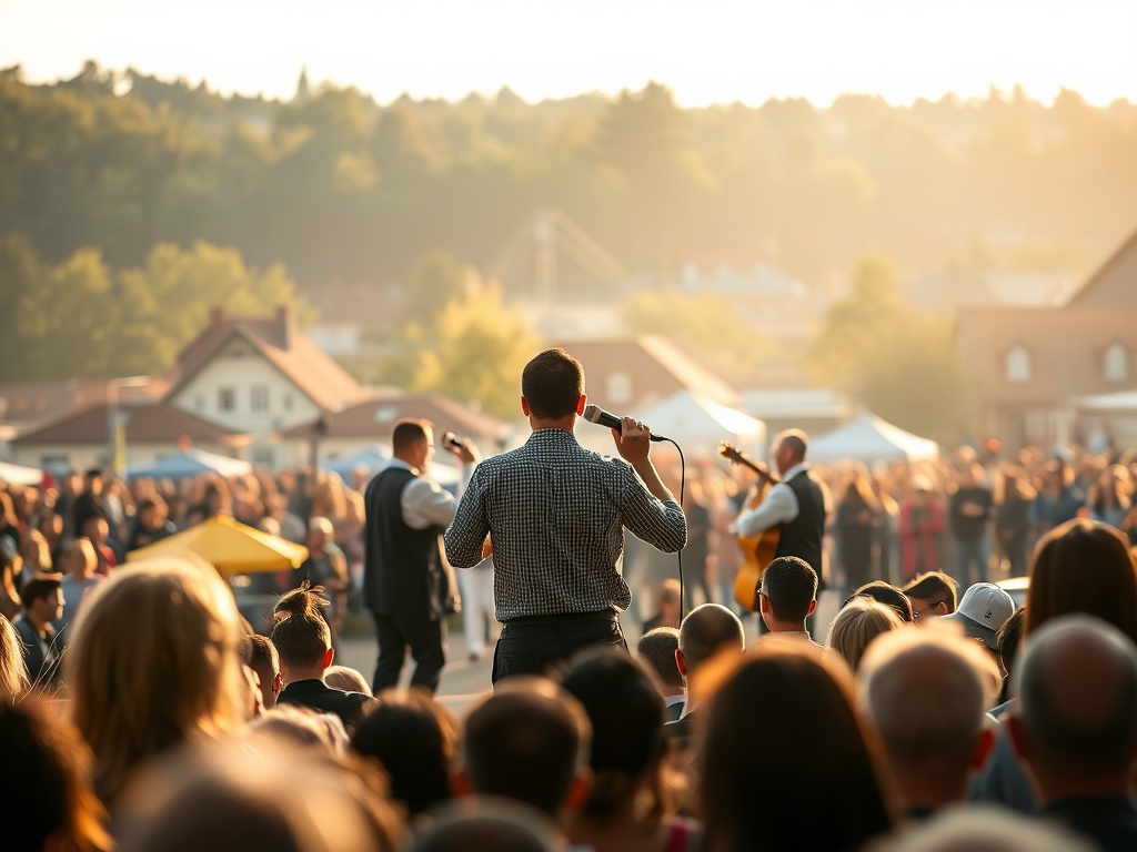 Ilustracja przedstawiająca tradycyjne oblewanie wodą podczas Lany Poniedziałek, z elementami wiosennymi i elementami miasta Rejowiec Fabryczny w tle.