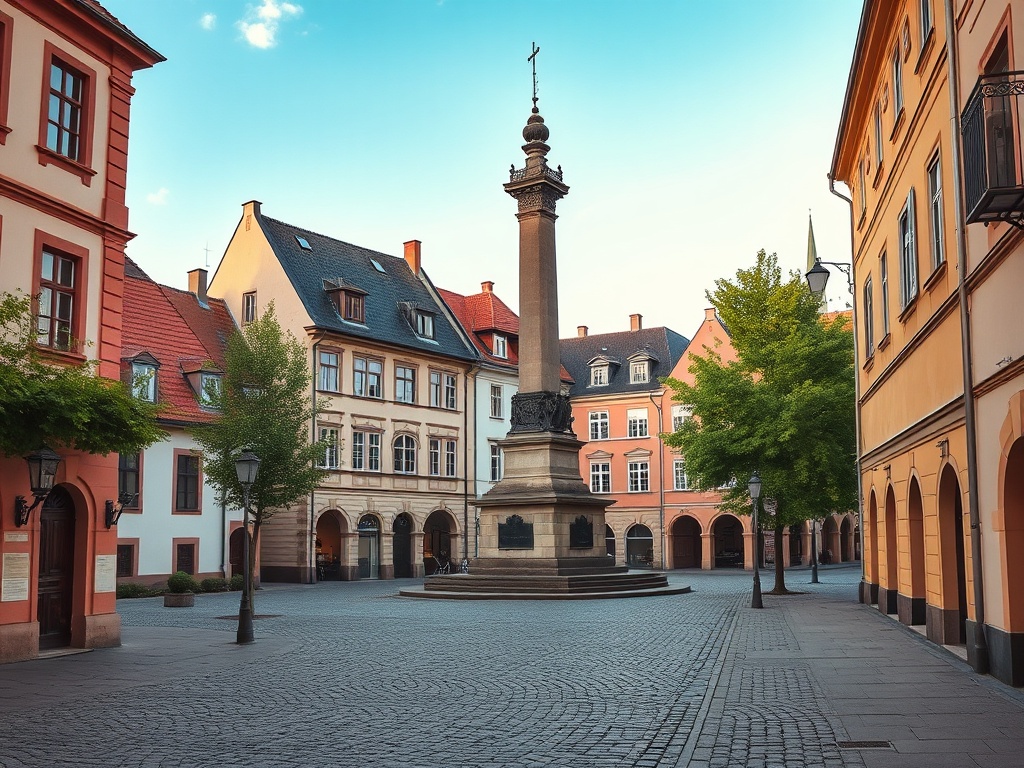 Widok na centrum Rejowca Fabrycznego z charakterystyczną zabudową miejską i elementami przemysłowymi.