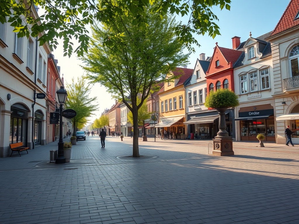 Ilustracja pokazująca modernizowany skwer i tereny przemysłowe w Rejowcu Fabrycznym, symbolizujące rozwój miasta.