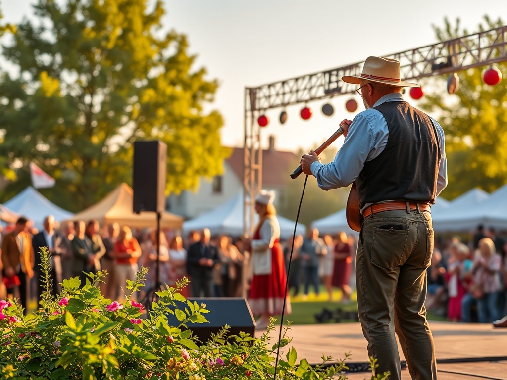 Ilustracja przedstawiająca symboliczne elementy majówki, jak kwitnące drzewa i flagi, z widokiem na miasto w tle.